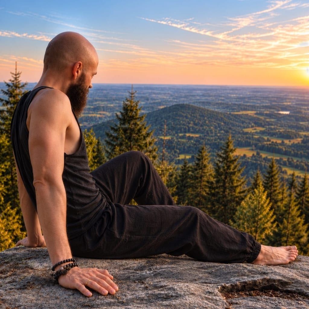 Markus Sommer sitzt auf einem Felsen und blickt im Abendlicht über eine bewaldete Hügellandschaft.