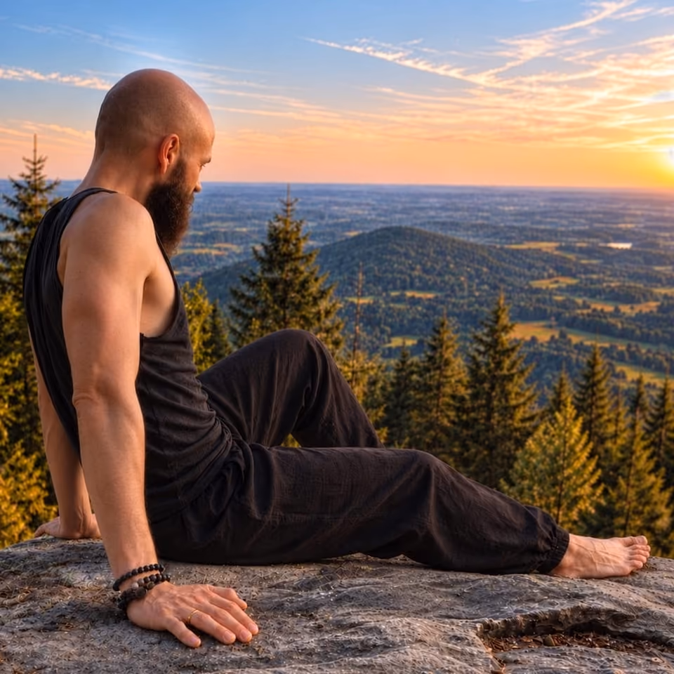 Markus Sommer sitzt auf einem Felsen und blickt in der Abendsonne über den Bayerischen Wald.