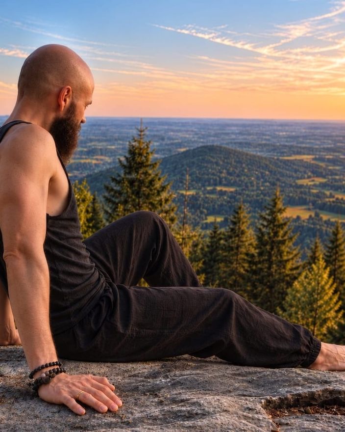 Markus Sommer sitzt auf einem Felsen und blickt im Abendlicht über eine bewaldete Hügellandschaft.