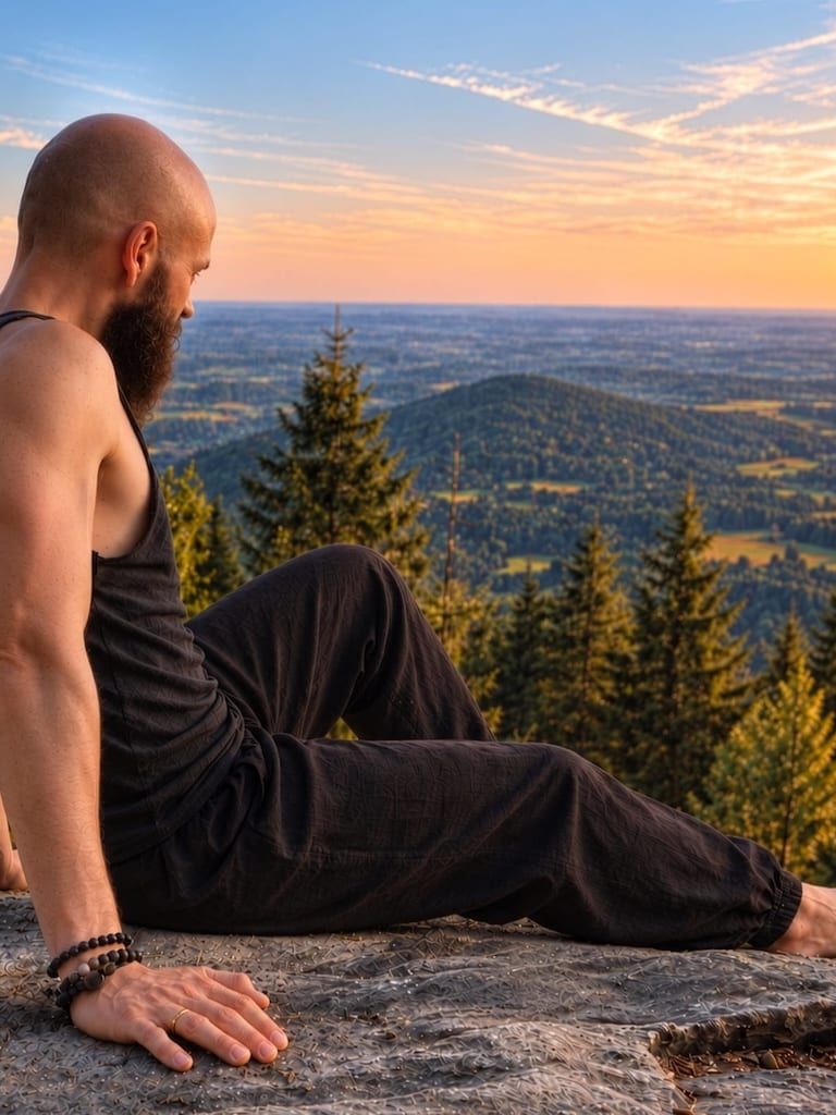 Markus Sommer sitzt auf einem Felsen und blickt im Abendlicht über eine bewaldete Hügellandschaft.